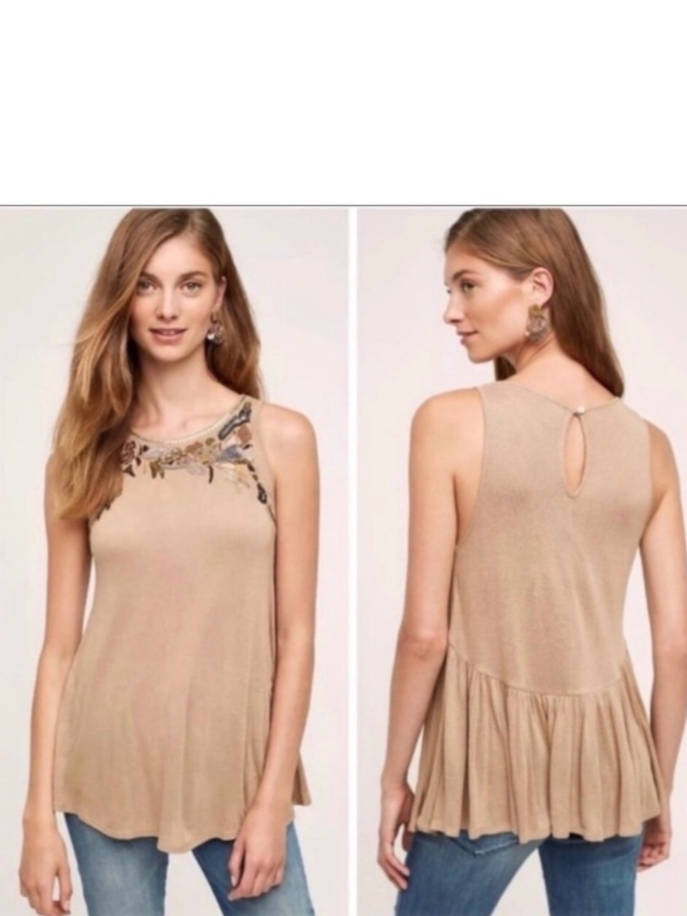 Anthropologie Akemi + Kin Embroidered Beaded Mocha Brown Jersey Peplum Tank Top